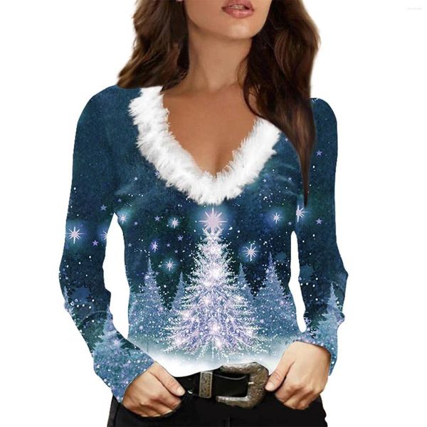 Camiseta feminina com estampa de floco de neve e strass, manga comprida, natal, fim de semana, cauda, tops femininos