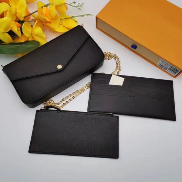 2023 Luxurys Frauen Kette Umhängetasche Geldbörse Kartenhalter 3-teiliges Set Prägung Leder Geldbörsen Messenger Bags mit Box