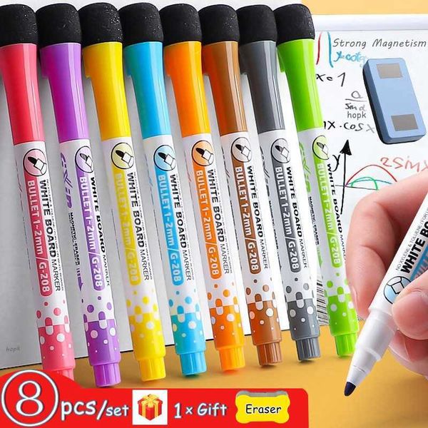 12pcswatercolor pincel 8 cores marcadores de apagamento seco TIP FINE TIPA MAIXA ERASABLE CEANTE BRANCO PARA CRIANÇAS ESCOLA DE ESCOLA DE ESCOLA DA ESCOLA DE CLASSE P230427