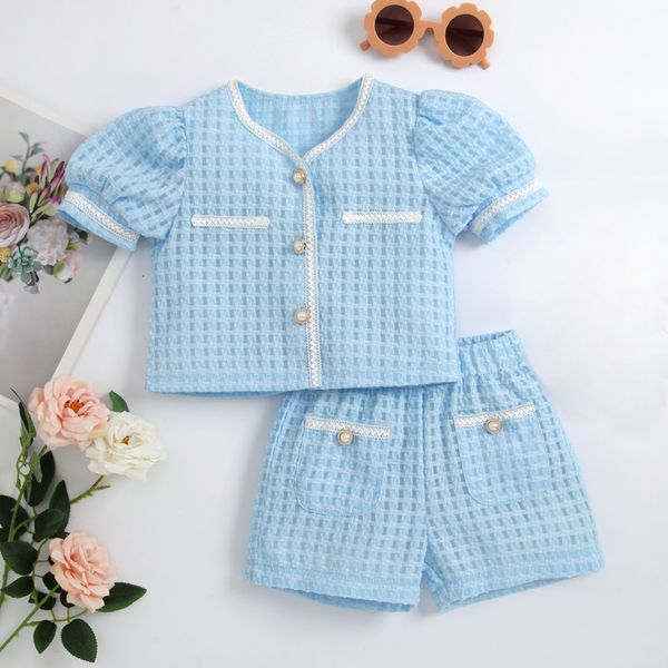 Strampler Kleinkind Baby Mädchen Elegant Zweiteiliges Outfit Set Sommer Strukturmuster Perlen Puffärmel Tops Knöpfe Shorts Kinder Outfits 230427