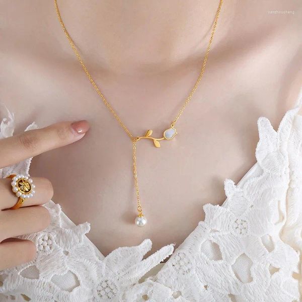 Anhänger Halsketten ALLME Romantische 18 Karat Gold PVD Überzogener Edelstahl Weiße Muschel Tulpe Blume Perle Quaste Choker Für Frauen