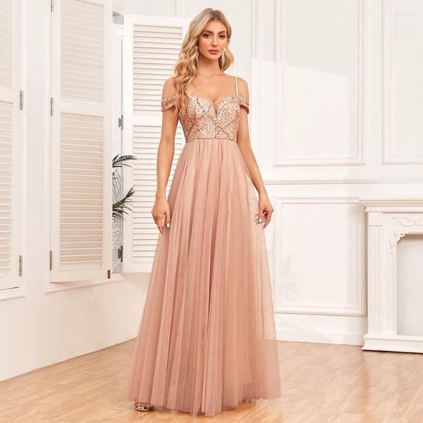 Vestidos de festa feminino elegante cinta de espaguete lantejoulas tule longo vestido de noite a linha swing casamento dama de honra