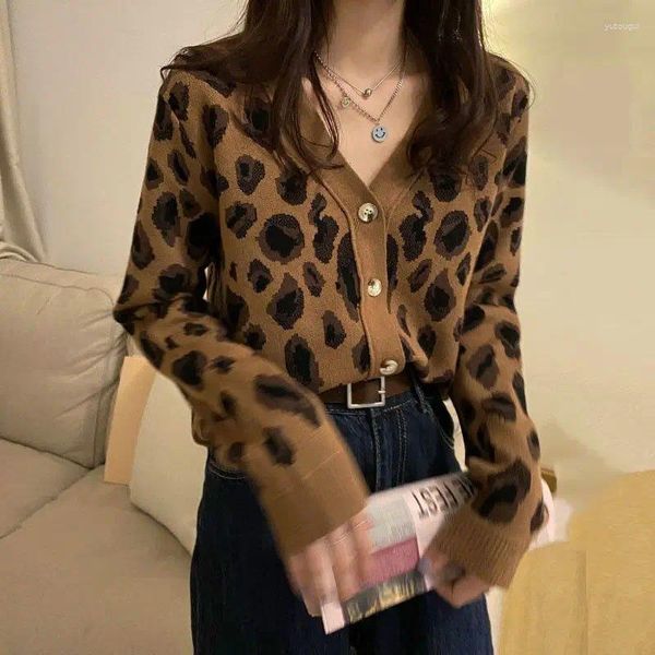 Kadın Örgüleri Gagaok Leopard Sweater Bahar Sonbahar 2023 Ins Vintage Liman Tarzı V Yaka Uzun Kollu Örme Ceket