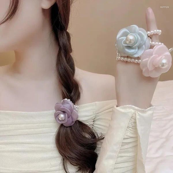 Acessórios de cabelo cor sólida camélia cabeça corda para mulheres elegante pérola rosa flor pulseira hairband menina anel de casamento presente