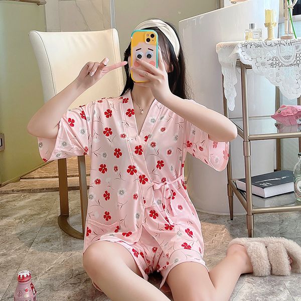Pijamas rosa de roupas de dormir femininas para mulheres para mulheres, garotas de sono de calça de sono quimono pijama conjuntos de pijamas de pijamas para dormir casual moda caseira moda 230428
