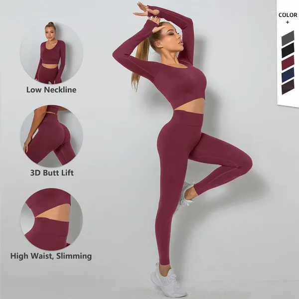 Set attivi Set da yoga per donna senza cuciture Allenamento Abbigliamento sportivo Abbigliamento da palestra Fitness Manica lunga Crop Top Leggings a vita alta Tute sportive Vino rosso