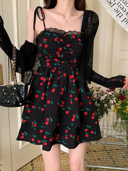 Abiti casual primavera vintage stile francese gonna a sbuffo in pizzo patchwork floreale abito da bretella per le donne