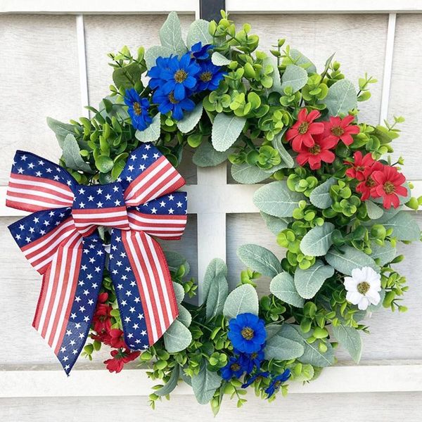 Flores decorativas em forma de coração grinalda de inverno placas de porta de boas -vindas para o Dia da Independência Patriótica e decorações de 4ª casa de julho