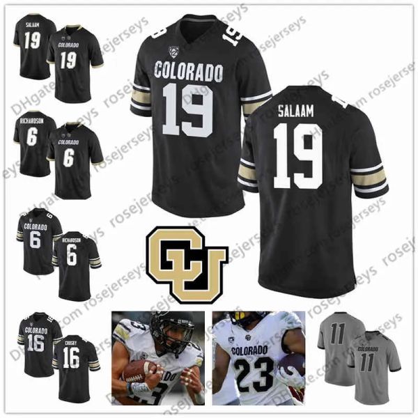 Maglia NCAA Colorado Buffaloes # 19 Rashaan Salaam 16 Mason Crosby 6 Paul Richardson 9 Juwann Winfree Maglia da calcio in pensione nera grigia bianca alta