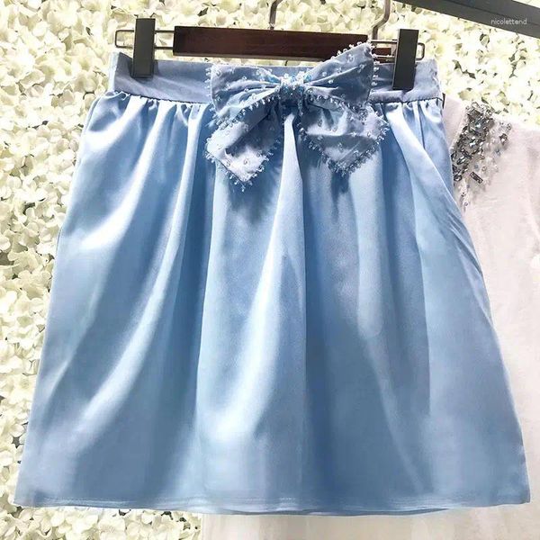 Gonne di lusso blu a-line a vita alta chiodo fiocco di diamanti allentato mini femminile dolce elegante gonna estiva festa vestido