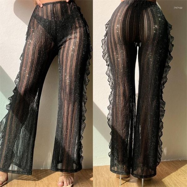 Pantaloni da donna Womens Sexy Sheer Mesh Ruffle Pant Shiny Glitter Costume da bagno trasparente a righe verticali Bikini Bottom Cover Up