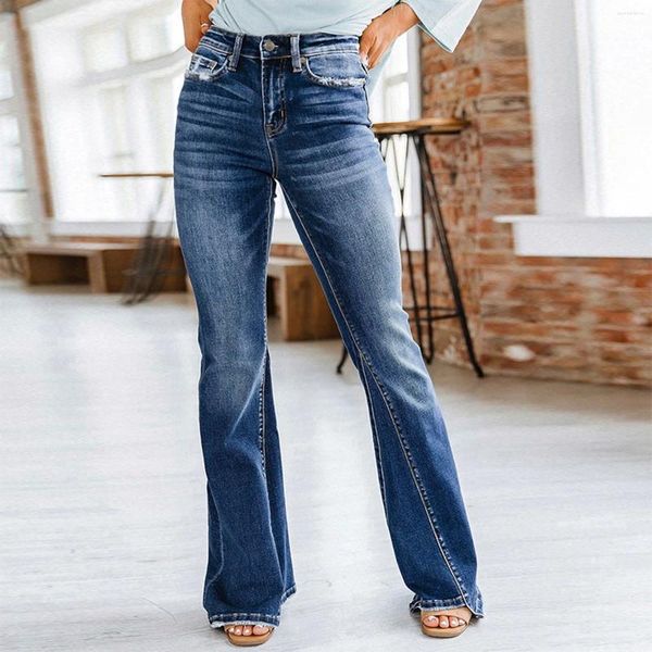 Jeans da donna tinta unita elasticizzati a vita alta con finiture svasate