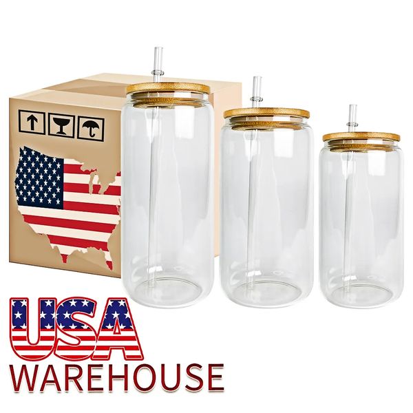 USA CA CA Warehouse 16oz Sublimação Canecas de vidro em branco Cerveja transparente de cerveja lata Borossilicate copos de pedreiro com palha de plástico