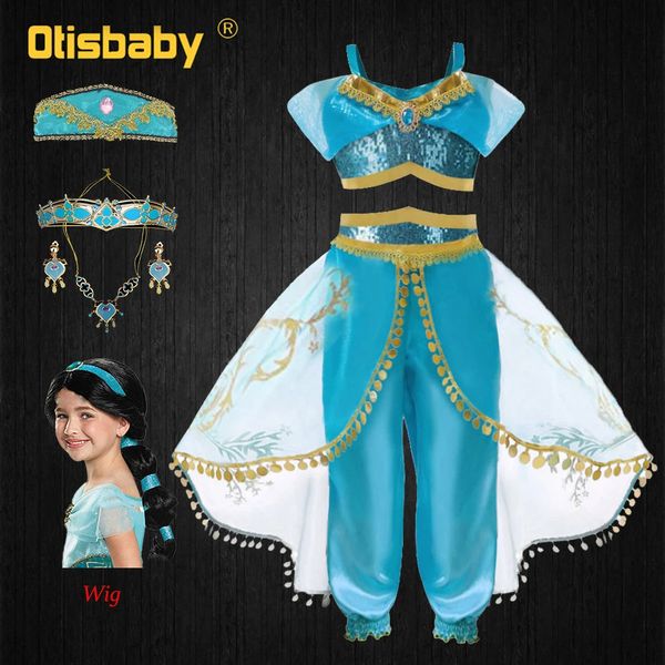 Conjuntos de roupas Boutique Fancy Girls Jasmine Traje Halloween Natal Jasmine Aladdin Shoulderless Top PantsClothing Set Kids Princess Dress 231127