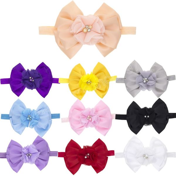 Perline cucite a mano Fascia floreale Bowknot Tinta unita Fiore in chiffon Fascia per capelli elastica infantile Fiocchi carini Copricapo Regalo per bambini