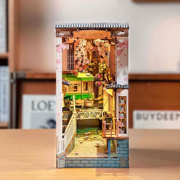 3D Puzzles Robotime Rolife Diy Book Nook Japão Japão Sakura Densya In Books Series Wooden Mini House and Furniture Doll House Set Toys 230427