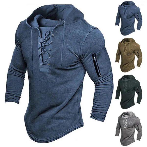 Hoodies masculinos respirável moletom com capuz vintage rendas elegante pulôver com zíper detalhando ajuste fino para primavera outono sólido