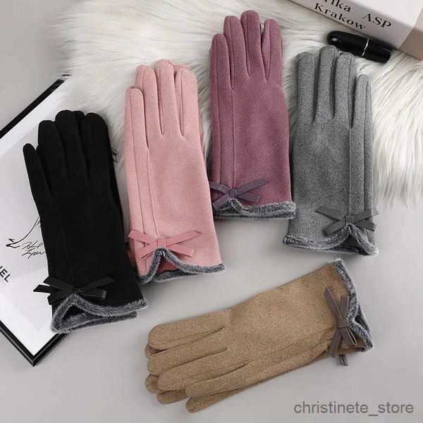 Luvas infantis de inverno com tela sensível ao toque, luvas de couro com dedos inteiros para dirigir, moda feminina, pelúcia para andar ao ar livre, luvas quentes