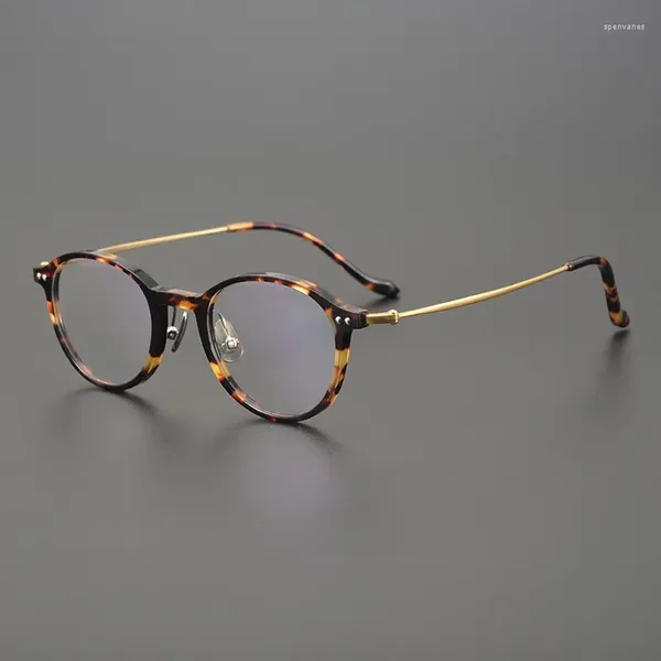 Óculos de sol quadros placa retro pequeno quadro redondo puro titânio óculos ultra-leve masculino número de altura miopia feminino japonês artesanal designe