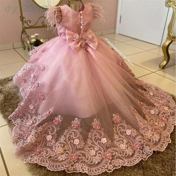 Robes de fille rose princesse plume fleur perlée volants bijou cou Gilrs robe de reconstitution historique petits enfants première Communion