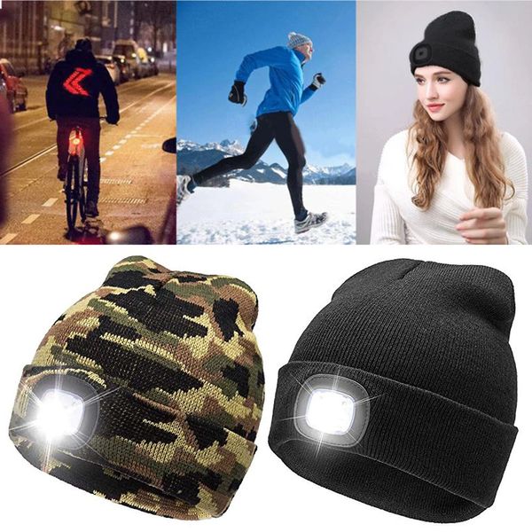 Cappellini da ciclismo Maschere LED Luce Calda Cappello lavorato a maglia Batteria a bottone Torcia elettrica Cappello da escursionismo all'aperto Lampada Hip Hop Cappelli per uomo Donna Faro 231128