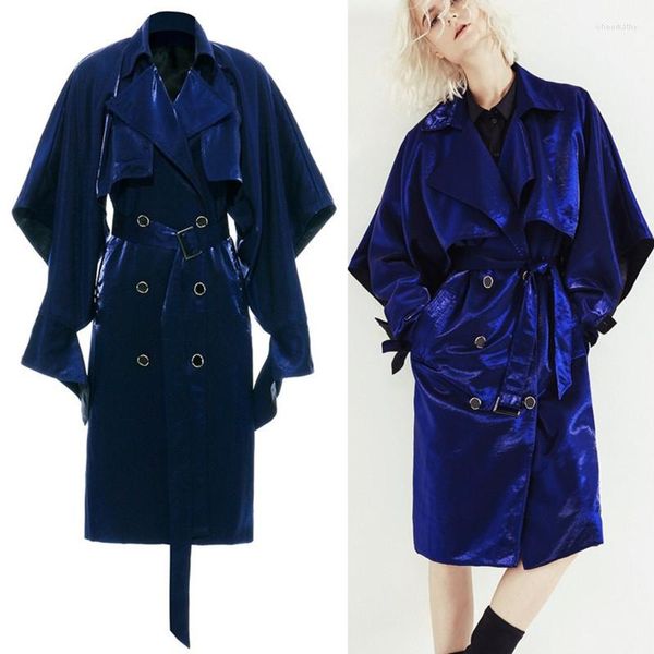 Trench da donna Moda Primavera Autunno Giacca a vento da donna Brillare Irregolare Flash Risvolto Cappotto a bozzolo medio lungo doppiopetto