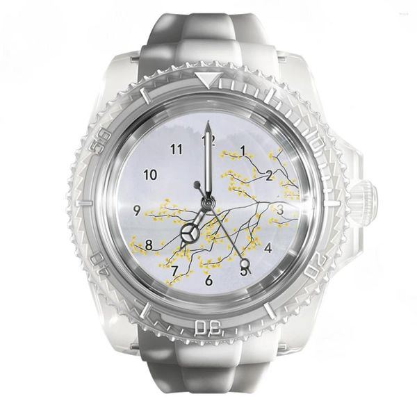 Наручные часы Модные прозрачные силиконовые белые часы Красочные часы с веткой растений Мужские и женские кварцевые спортивные наручные часы