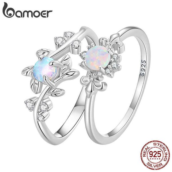 Bandringe BAMOER 925 Sterling Silber Blattring Weißer Opal Ringe Eleganter Weinrebenring für Frauen Geburtstagsgeschenk mit Schmuckschatulle Z0428