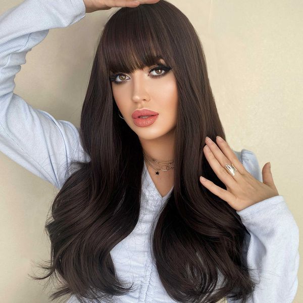 Perucas sintéticas peruca feminina longo cabelo encaracolado grande wav top ffy natural air bang peruca conjunto preto tan