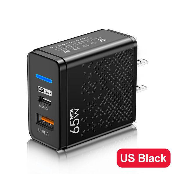 QC3.0/PD Schnellladegerät 65W Dual-Port-Ladegerät für EU/UK/US-Stecker Schnelles USB/Typ-C-Handy-Ladegerät für iPhone Samsung OPPO