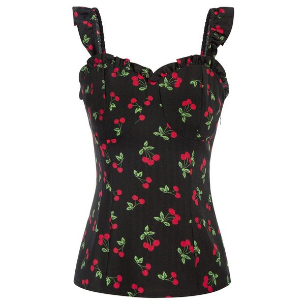 Tops Belle Poque Damen ärmelloses Tank-Top mit Rüschenträgern, schmale Hemden, 1950er-Jahre-Pin-Up-Bluse, Vintage-Tops mit gesmoktem Rücken, schmale Passform, Tunika, A3