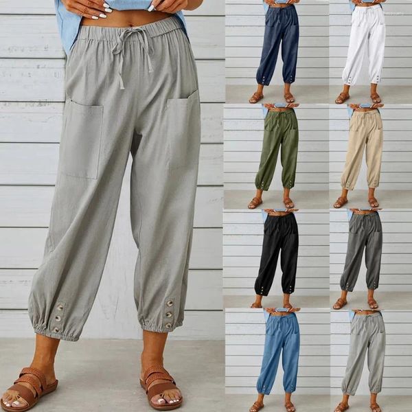 Calças femininas verão outono casual solto ajuste cintura elástica preto tornozelo liso mid-rise algodão linho capris para mulher