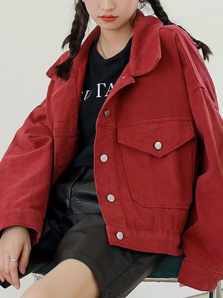 Jackets femininos Ailegogo Spring Women Streetwear solto Fit Red Denim Short Jacket Turndown Collar Collar Single Basted Pocket Jeans Coat Outwear