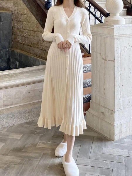 Casual Kleider Frauen Retro Weiß Langarm Rosa V-ausschnitt Einreiher Hohe Taille Damen Elegante Schwarz Schlank Stricken Kleid koreanisch
