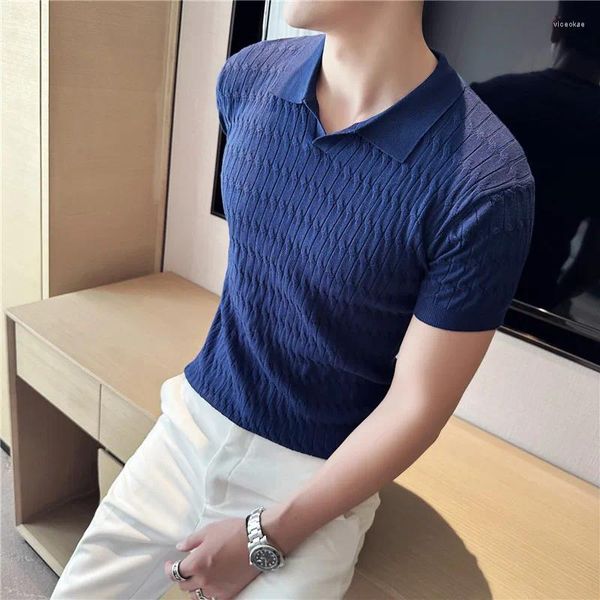 T-shirt da uomo 2023 Estate Manica Corta di Seta del Ghiaccio Maglia Sottile Magliette da Uomo di Colore Solido Lavorato a Maglia Jacquard Polo Casual Risvolto Magliette E Camicette Abbigliamento