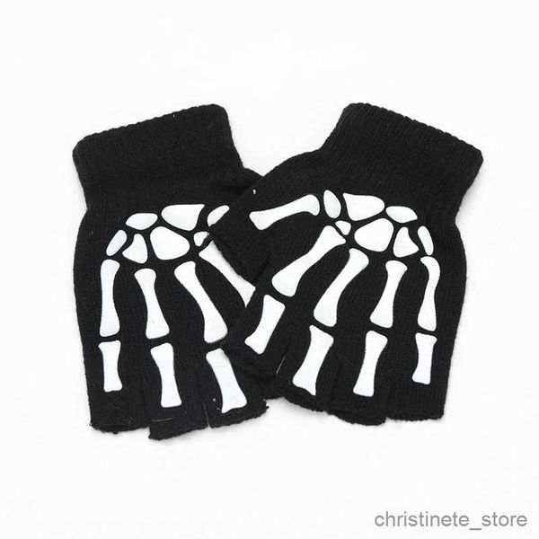 Kinder-Fäustlinge, neue Kinder, Skelett-Halbfinger, leuchtende Handschuhe, Winter, fingerlos, schwarzer Fäustling