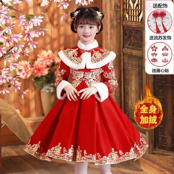 Abiti da ragazza Abito rosso Hanfu per bambini Imbottito in velluto da donna Inverno Baby Spring Festival Anno di servizio