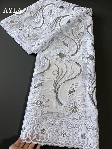 Tessuto bianco puro pizzo tessuto africano tessuto nigeriano 3D ricamo materiale pizzo tessuto da sposa con sequenza 2022 pizzo di alta qualità 5 metri