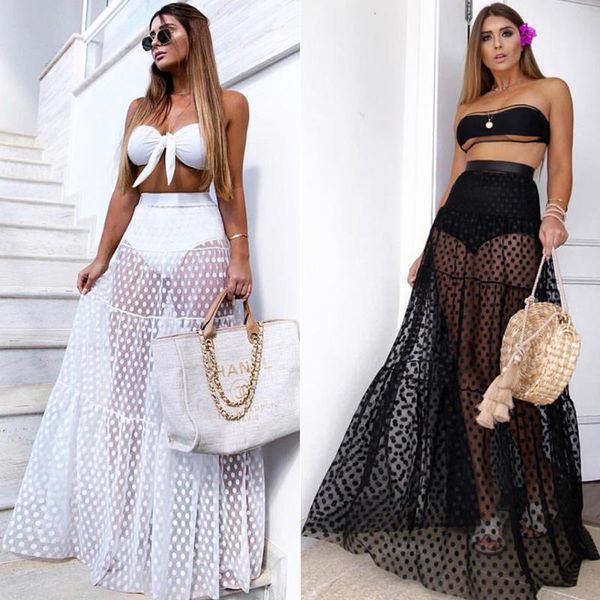 Saias Sexy Dot Impresso Salia de cintura alta ver através do verão Moda transparente Longo maxi vestido de baile tule