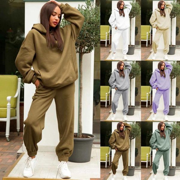 Kadınlar iki parçalı pantolon düz renkli Kore tarzı moda kapüşonlu sweatshirt ve set 2 kıyafet jogger spor hoodies bayan tulumları