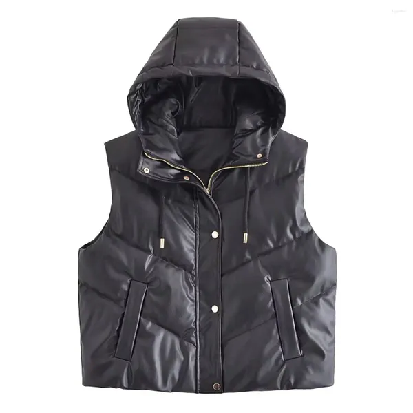 Gilet da donna Moda donna Gilet con cappuccio in similpelle Cappotto Vintage Senza maniche Tasca con cerniera Gilet femminile casual All-match Chic Top