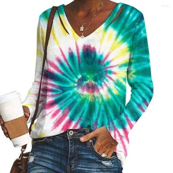 T-shirt da donna Quotidiano Casual Poliestere Scollo a V Morbido Manica lunga Pullover estivo Tie Dye Camicia da donna basic alla moda allentata Flowy