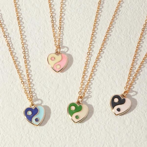 Цепочки Harajuku Прекрасное двухцветное ожерелье сердца для женщин панк -золотой цепь хип -хоп мода простое утверждение Инь Ян Гот Ювелирные изделия