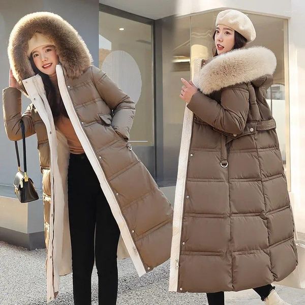 Parka da donna in piumino invernale in cotone, collo lungo in pelliccia sintetica imbottito, spesso, allentato, di grandi dimensioni