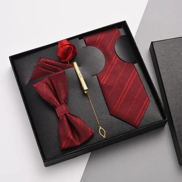 Gravatas borboletas 5 peças vinho vermelho gravata sem zíper tipo vestido formal masculino negócios high-end casamento noivo gravata borboleta clipe 231128