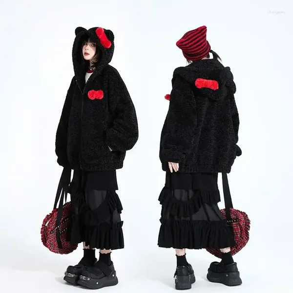 Damenjacken, kontrastierender langärmliger Lammwollmantel, Kapuzenpullover, schwarze Schleife, Kawaii-Jacke, Winterkleidung, Damen-Harajuku-Uni