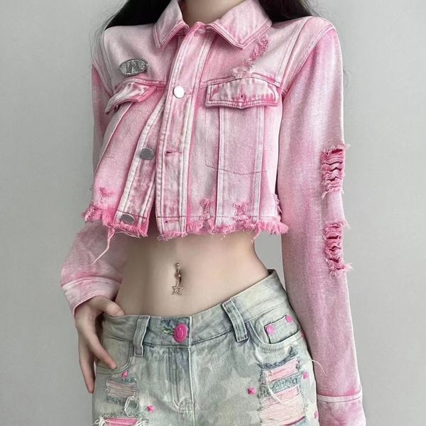 Jackets femininos femininos rosa lavado jaqueta jeans solta Y2K Retro Retro Spice Girls Stand Collar Casal Casaco Casa Casa Sexy Sweet Y2K Tops 230428