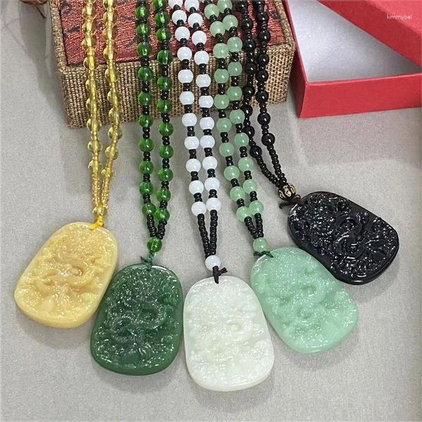 Anhänger Halsketten Natürliche Schwarz Grün Jade Drachen Perlen Halskette Chinesische Geschnitzte Charme Schmuck Mode Amulett Für Männer Frauen Glück Geschenke