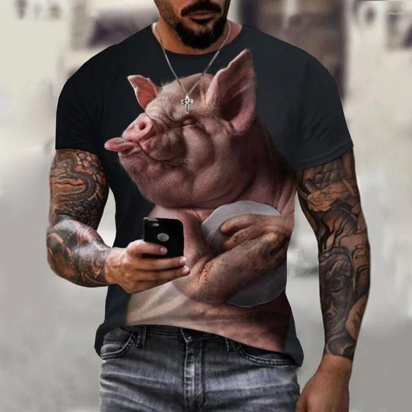 Herren-T-Shirts, Sommer-Männer, Tier-Schwein-Druck-T-Shirt, lustiges Piggy-Polyester, cooles Rundhals-Kurzarm-Lose-Top in Übergröße