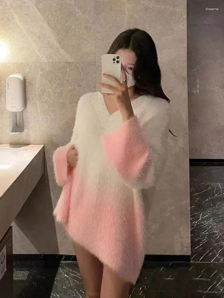 Kadın Sweaters V-Gellect Gevşek Gradyan Kontrast Kalın İğne Tasarımı Şeker Taban Dış Üstler Kadınlar Sonbahar Kış Yumuşak Glutinous Sweater